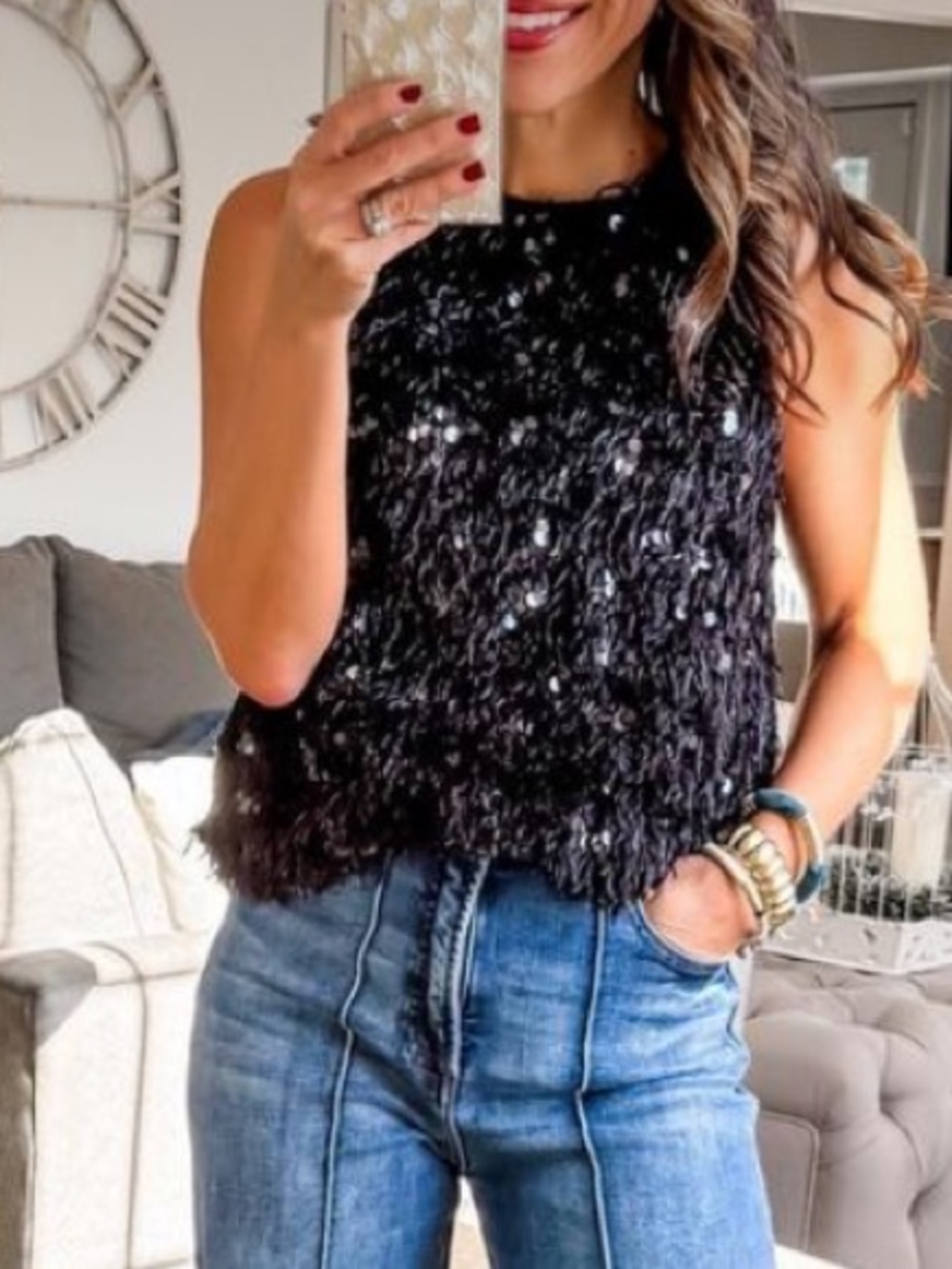 Black Sequin Fringe Sleeveless Top - Women🚌